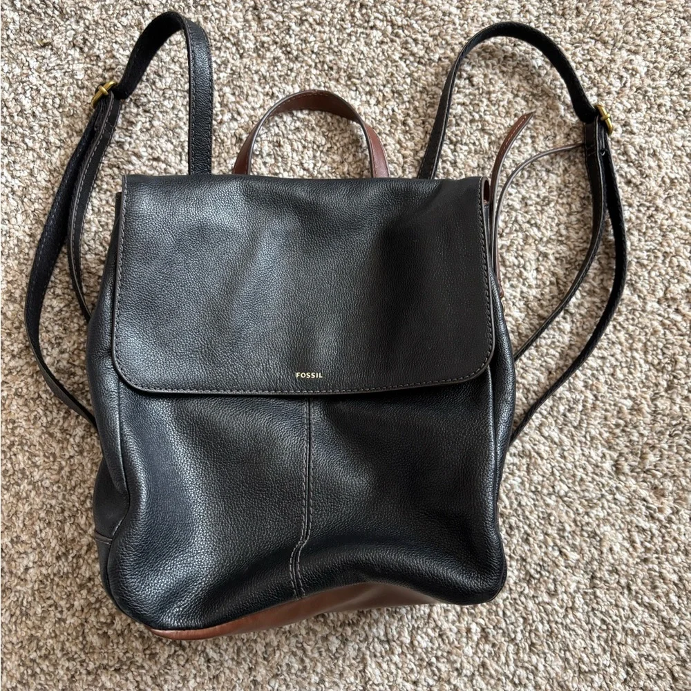 Fossil Black and Brown Leather Backpack - Picture 1 of 9